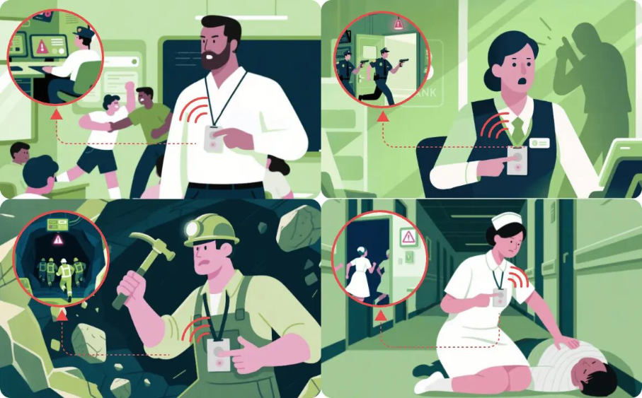 Illustration showing how Smart Safety Badges send alerts in schools, banks, mines, and hospitals.