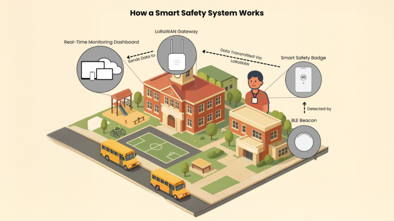 How BLE and LoRaWAN connect Smart Safety Badges to campus safety dashboards.