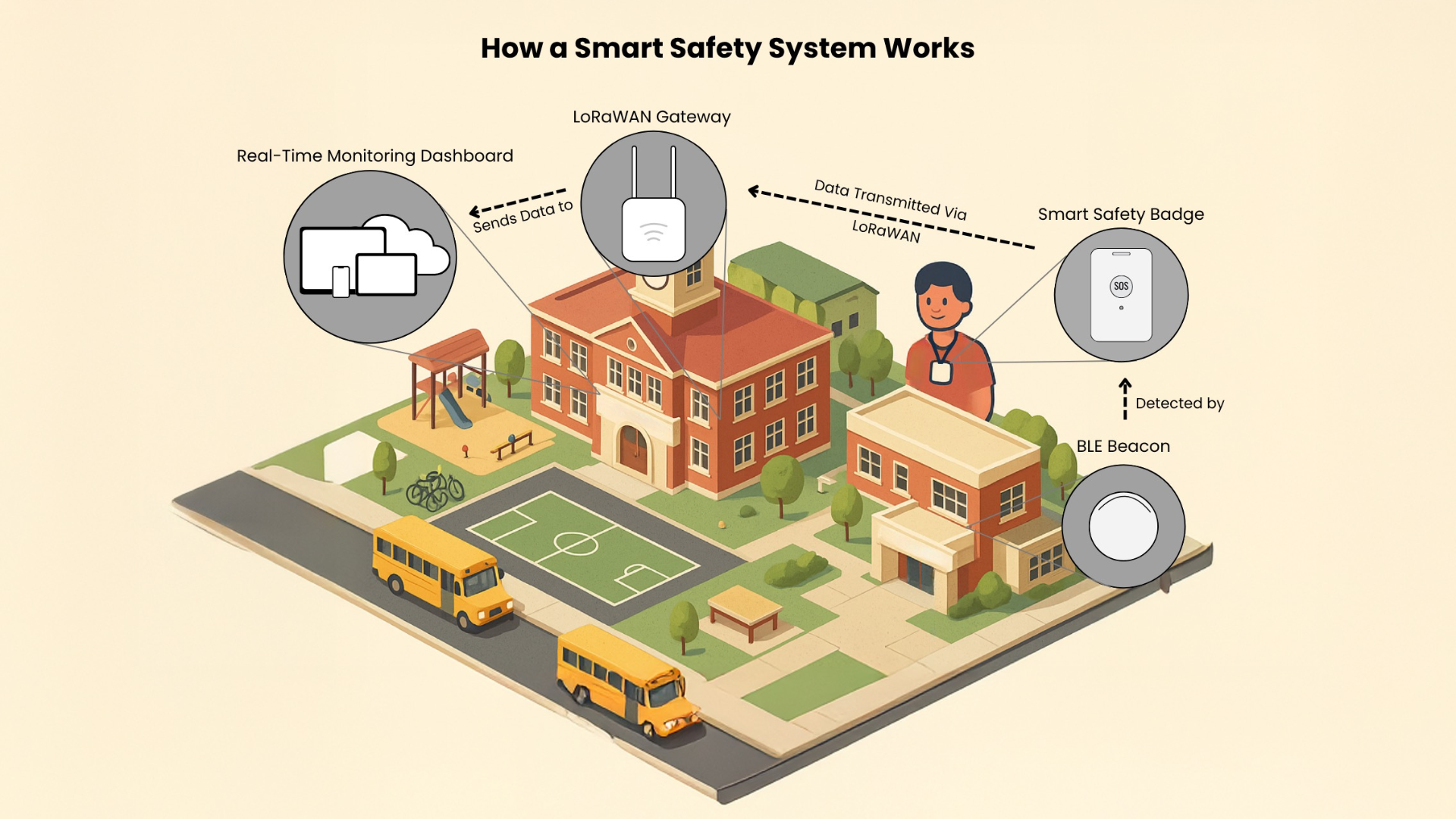 How BLE and LoRaWAN connect Smart Safety Badges to campus safety dashboards.