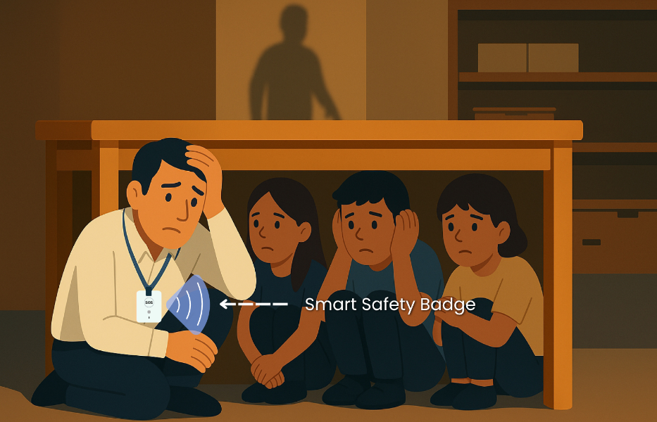 Teacher hides under desk using Smart Safety Badge to send alert.
