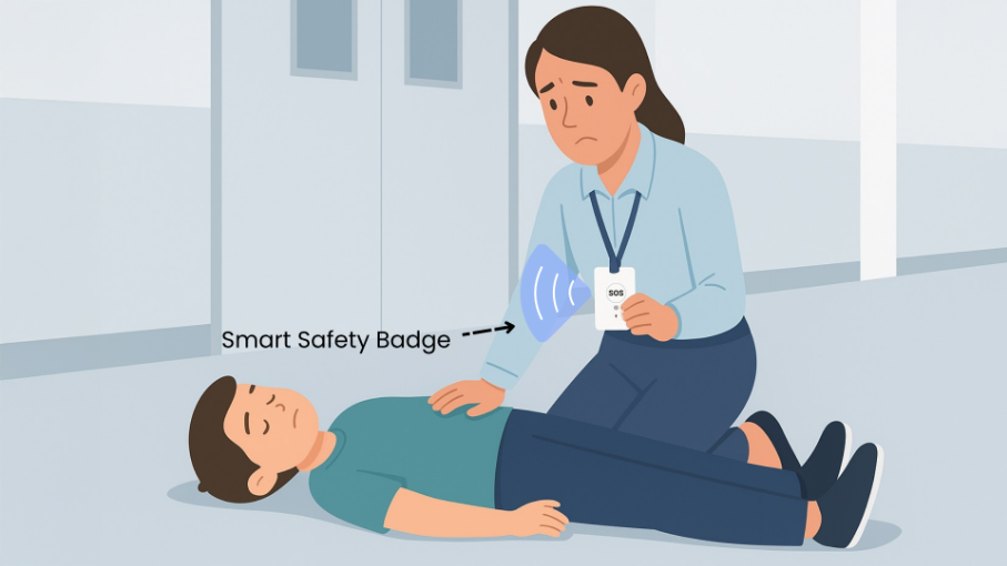 Staff using a Smart Safety Badge to call for help for an unconscious student.
