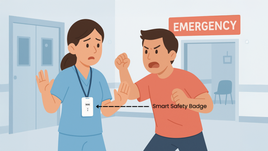 Nurse using a Smart Safety Badge during a violent patient incident.