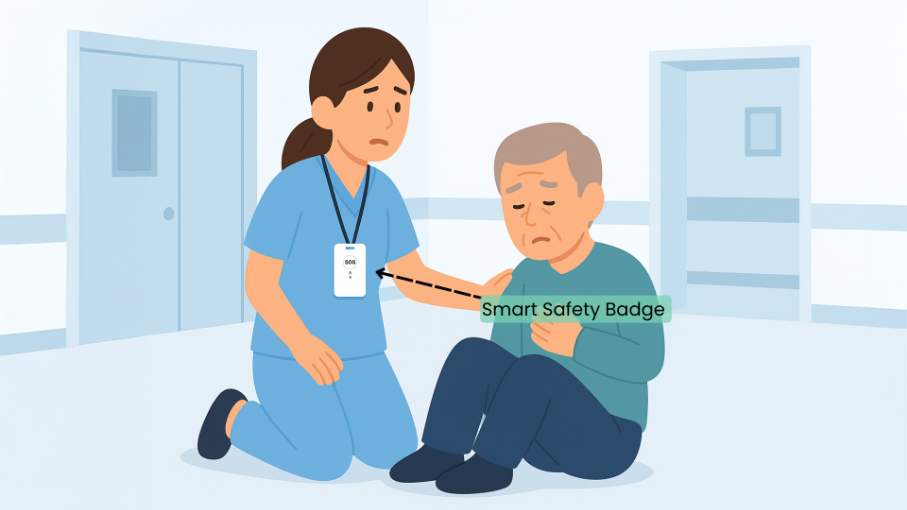 Nurse assisting a disoriented patient using a Smart Safety Badge.