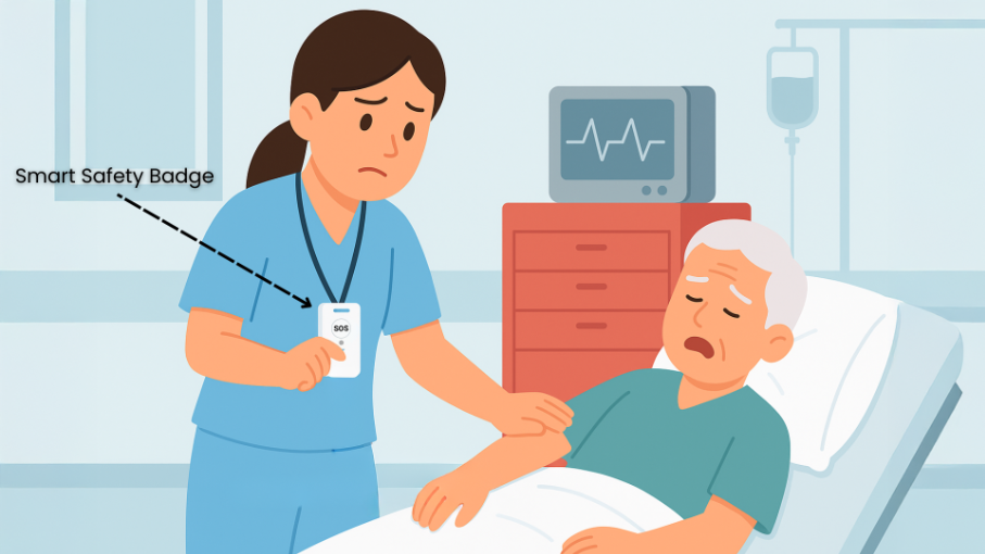 Nurse activating a wearable panic button during a medical emergency.