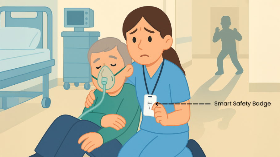 Nurse using a wearable panic button while hiding from an intruder.