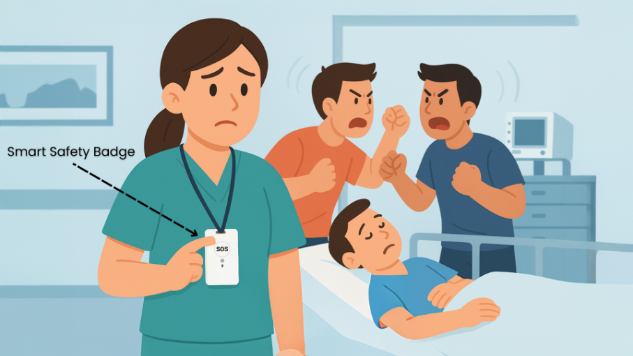 Nurse using a wearable panic button during a violent visitor incident.