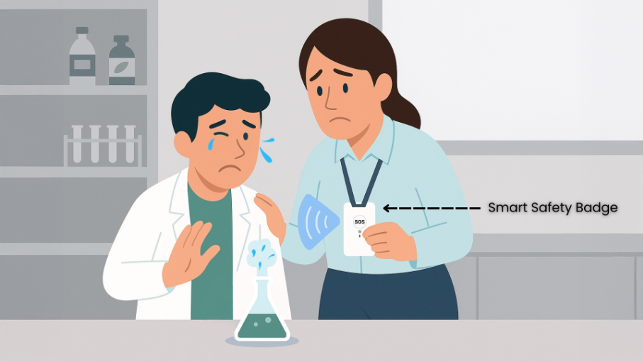 Teacher presses wearable panic button to call for help after a chemical spill.