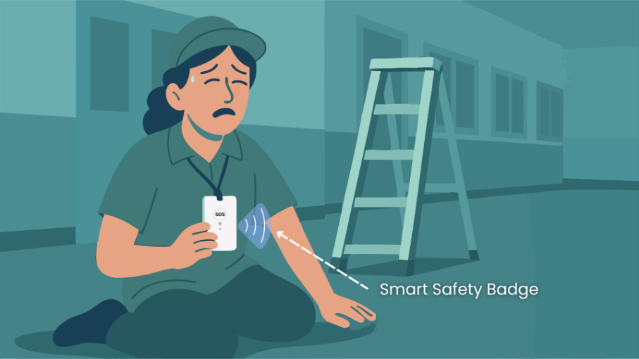 Injured janitor pressing wearable panic button to call for help