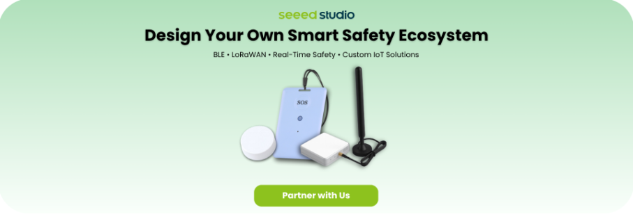 Seeed’s Smart Safety Ecosystem with BLE beacon, smart badge, and LoRaWAN gateway.