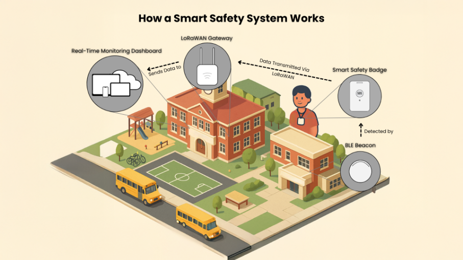 How BLE and LoRaWAN connect Smart Safety Badges to campus safety dashboards.