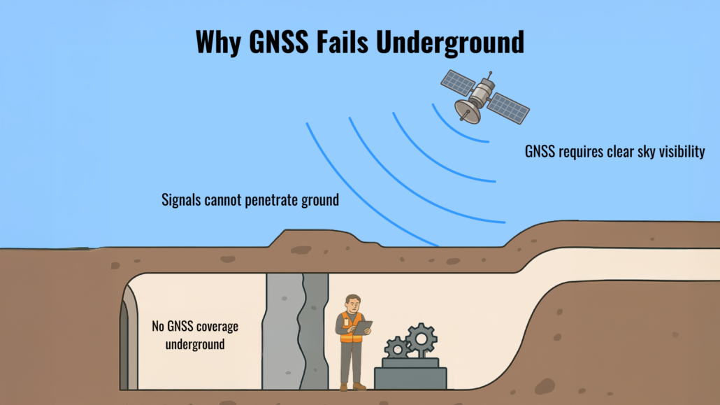 GNSS signals cannot penetrate underground tunnels, causing no coverage below ground.