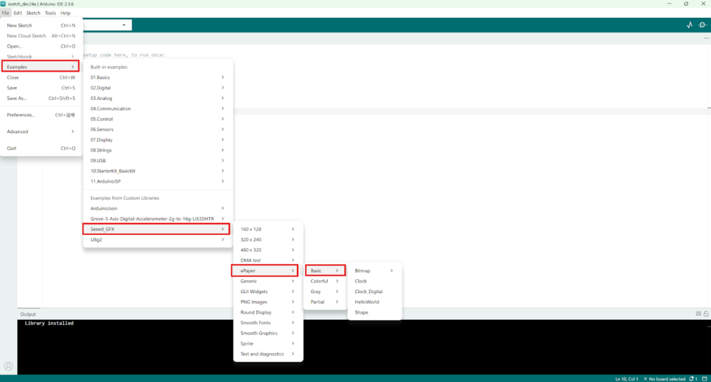 Arduino IDE examples menu showing Seeed_GFX ePaper demo sketches