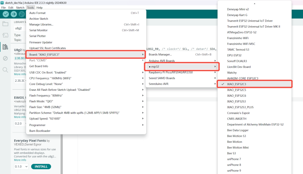 Selecting the XIAO_ESP32C3 board from Tools > Board > ESP32 Arduino in Arduino IDE