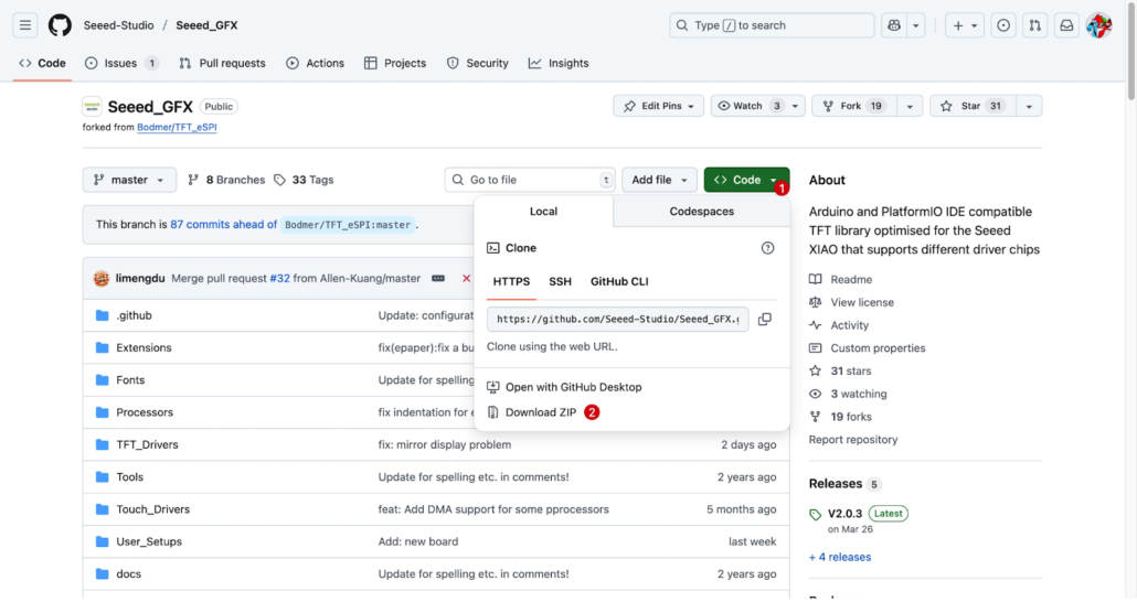 GitHub repository page for the Seeed GFX library showing download and installation options
