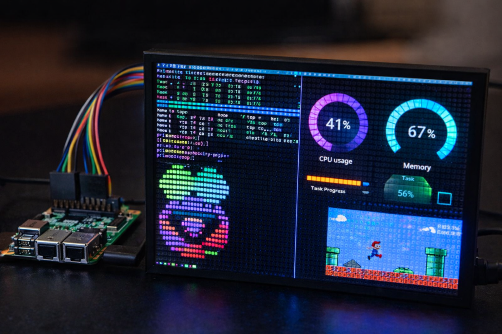 Raspberry Pi connected to an RGB LED matrix displaying system stats, charts, and a retro game interface.