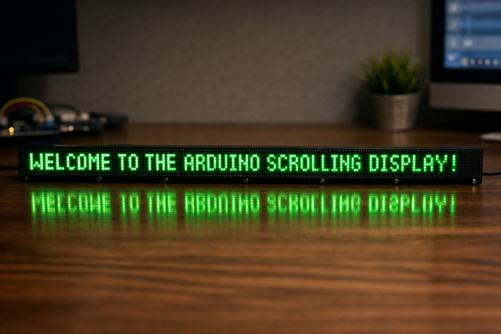 Green single-color scrolling message on a long MAX7219 LED matrix desk display