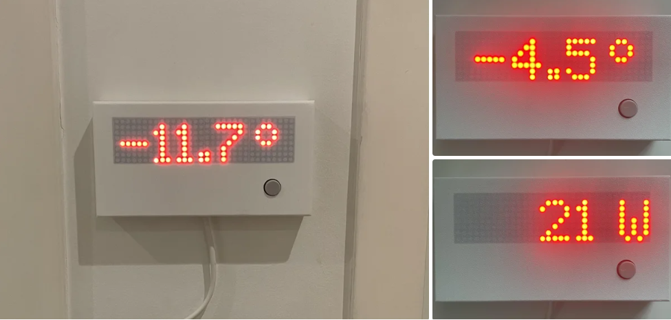 Wall-mounted LED matrix display showing temperature and power readings in red digits