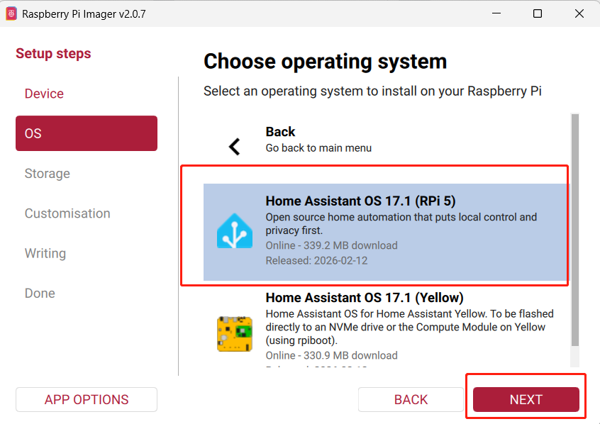 Select Home AssistantOS 17.1 (RPi 5)