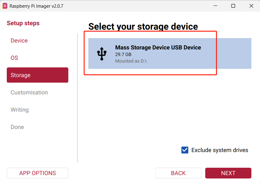 select your storage device