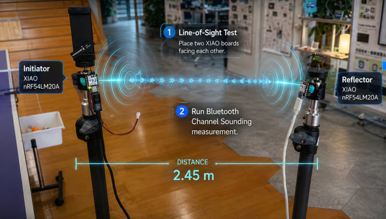 Two XIAO nRF54LM20A boards — Initiator and Reflector — facing each other for the line-of-sight test.