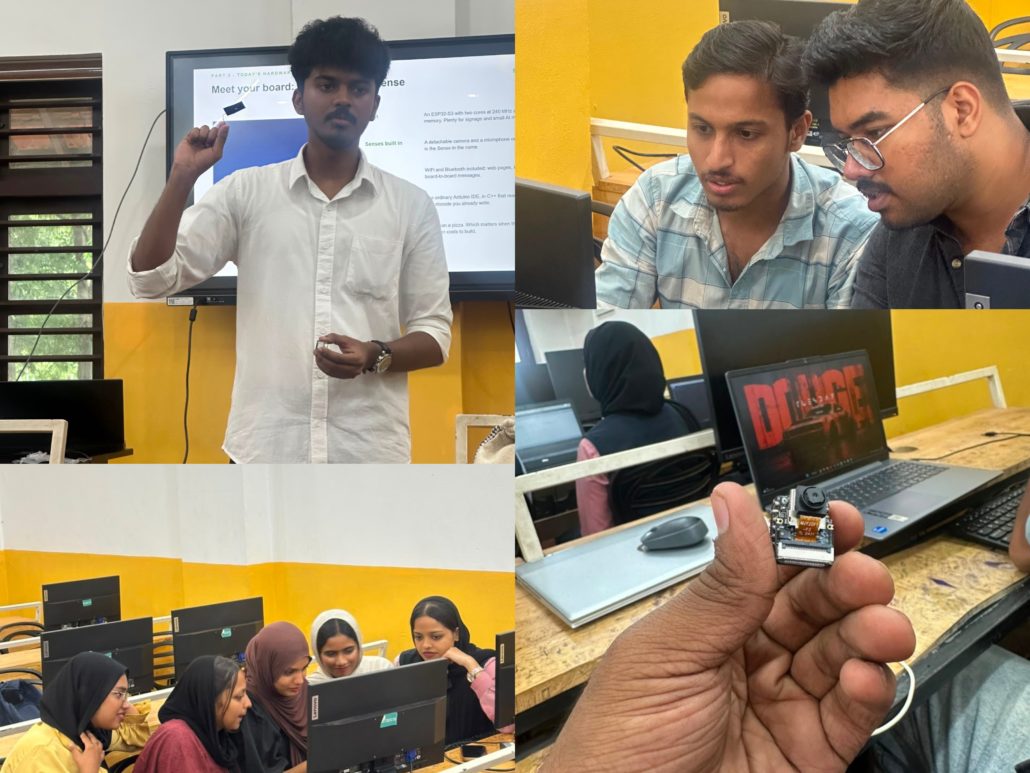 Collage of the SwitchIt workshop at EMEA College: teaching the XIAO ESP32S3 Sense board, students collaborating on their build, and a close-up of the Grove Vision AI camera module