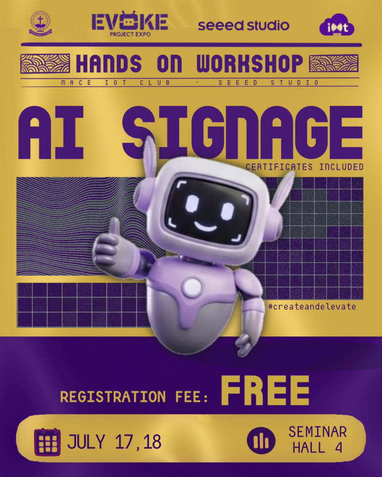 AI Signage Workshop poster — MACE IoT Club and Seeed Studio, July 17–18, 2026