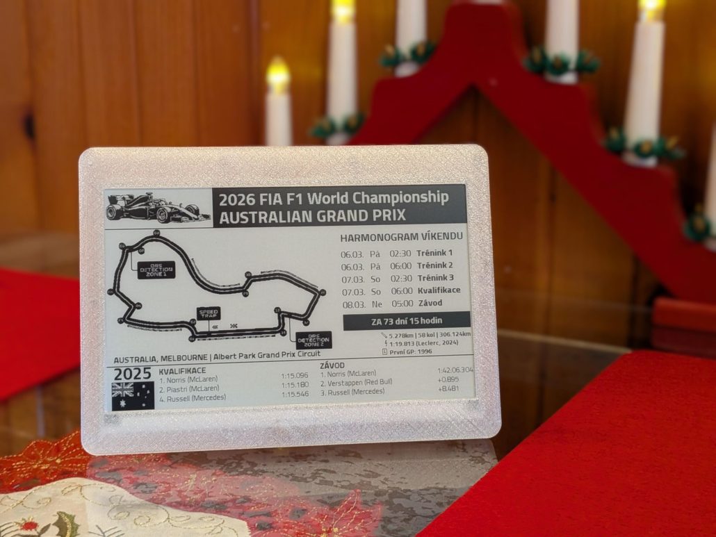 F1 race e-ink calendar showing next Grand Prix countdown