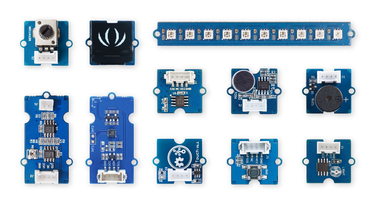The 11 Grove modules included in the TinyGo Starter Kit