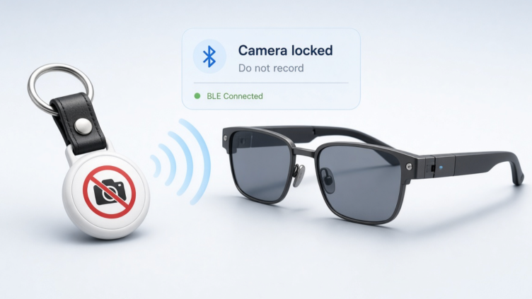 BLE privacy beacon signalling camera-locked to modular smart glasses