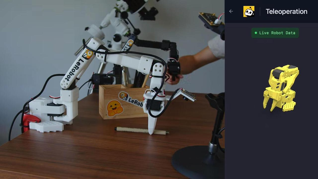 SO-ARM101 robot arm controlled through teleoperation with LeRobot