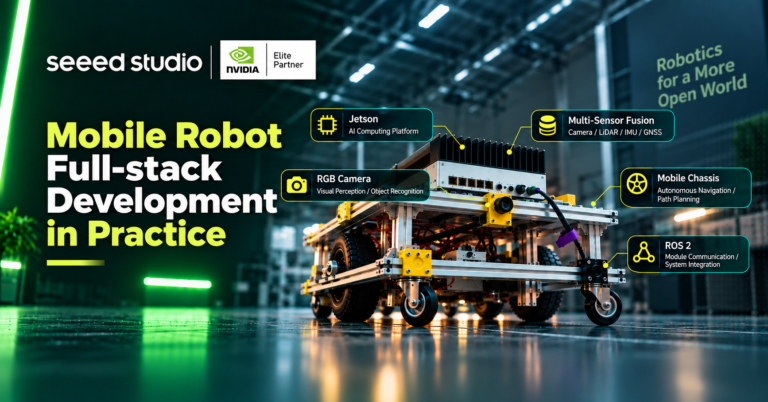 Featured banner for “Mobile Robot Full-Stack Development in Practice,” showing a mobile robot powered by Jetson with callouts for RGB camera, multi-sensor fusion, mobile chassis, and ROS 2.