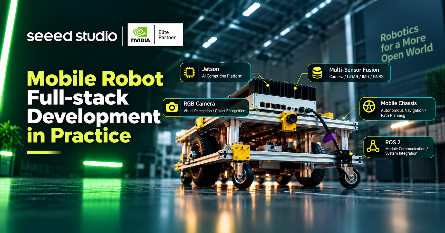 Featured banner for “Mobile Robot Full-Stack Development in Practice,” showing a mobile robot powered by Jetson with callouts for RGB camera, multi-sensor fusion, mobile chassis, and ROS 2.