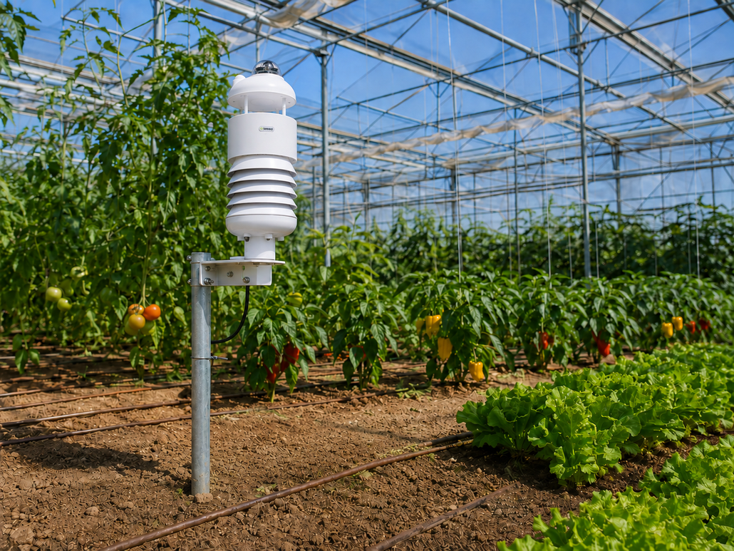 SenseCAP S700-B shown in an agricultural installation above the crop area.