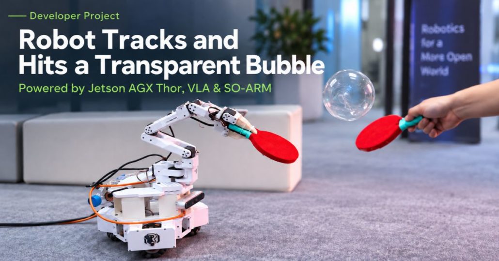 Jetson AGX Thor-powered mobile robot with SO-ARM tracking and hitting a transparent bubble in a Physical AI demo.