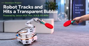 Jetson AGX Thor-powered mobile robot with SO-ARM tracking and hitting a transparent bubble in a Physical AI demo.