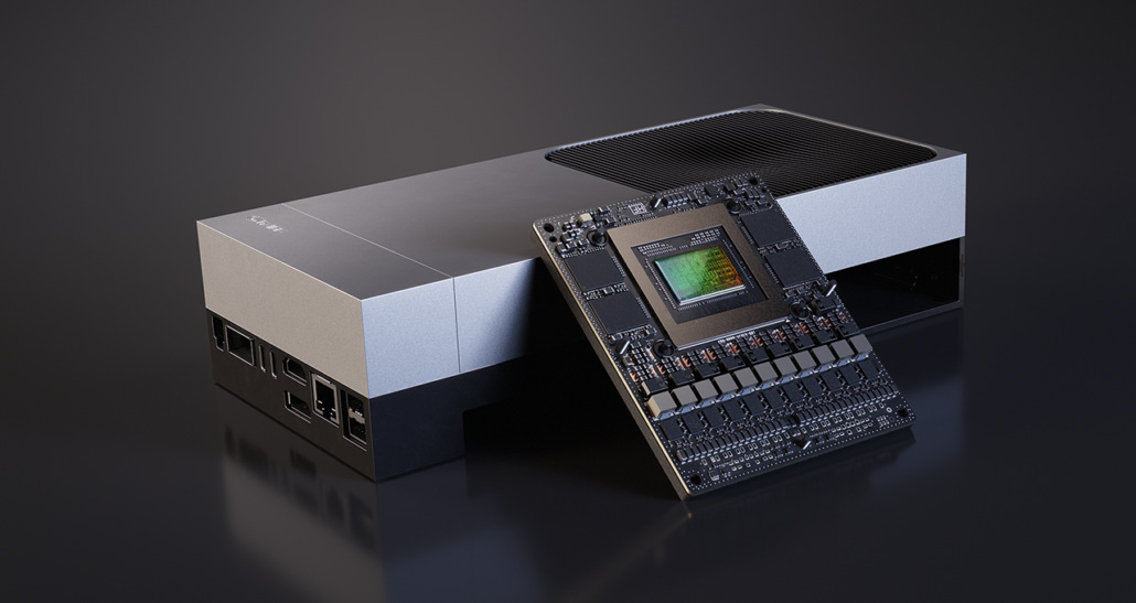 NVIDIA Jetson AGX Thor developer kit with compute module and carrier board for edge AI and robotics applications.