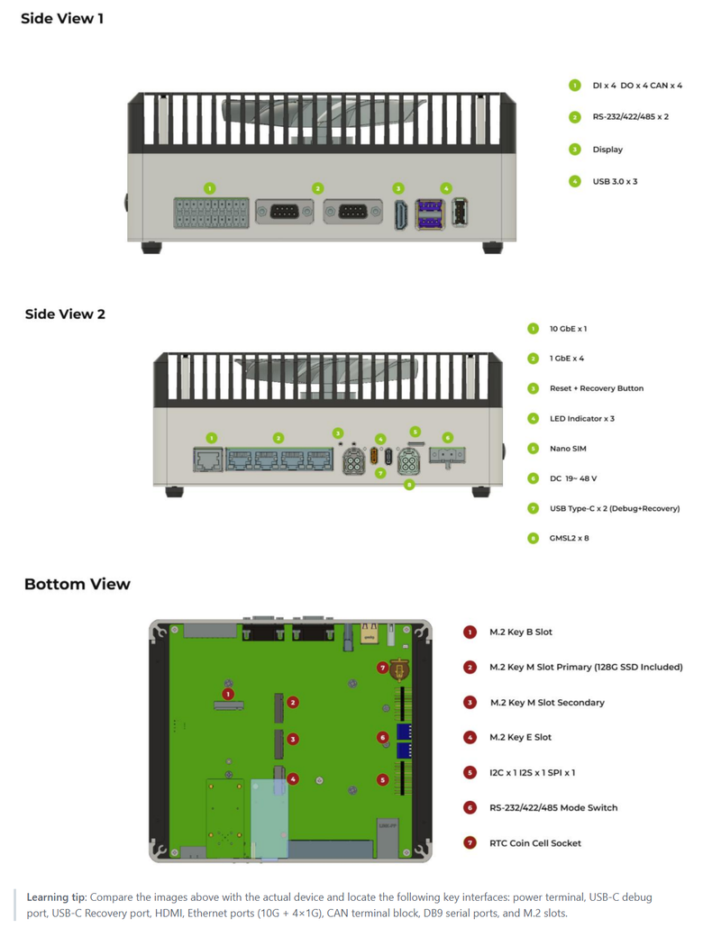 Rear interface view of the reComputer Robotics J501 showing 10GbE, four 1GbE ports, recovery and reset buttons, USB Type-C, GMSL2, Nano SIM, and DC power input.