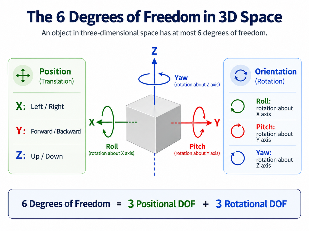 Diagram illustrating six degrees of freedom in 3D space, including X, Y, Z position and roll, pitch, yaw orientation.