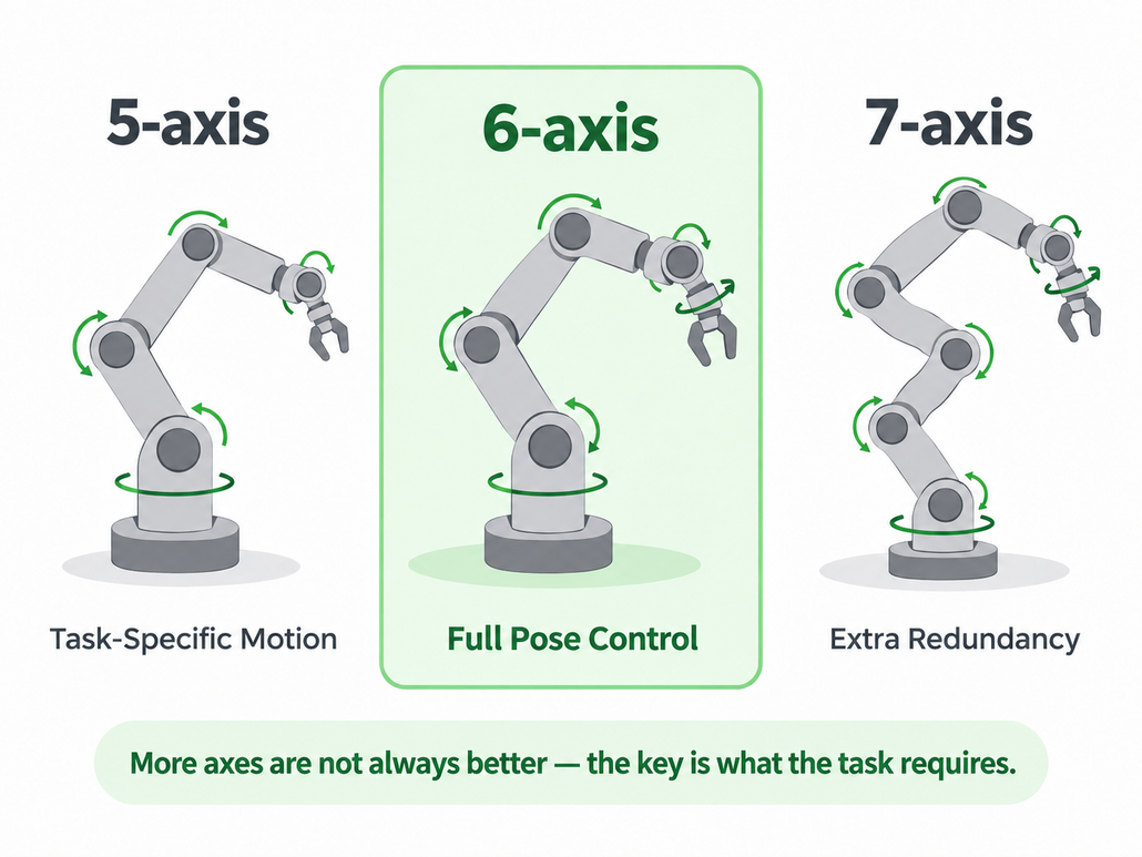 Comparison of 5-axis, 6-axis, and 7-axis robotic arms illustrating task-specific motion, full pose control, and additional kinematic redundancy.