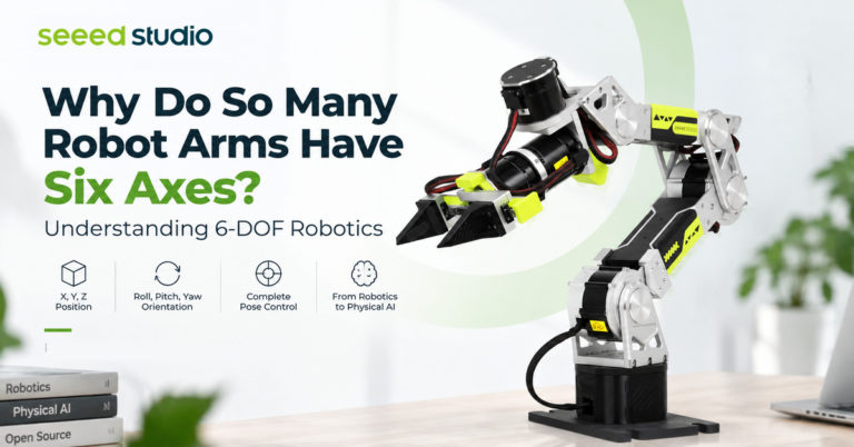 Seeed Studio reBot six-axis robotic arm featured in a guide to 6-DOF robotics, joint motion, and complete pose control.