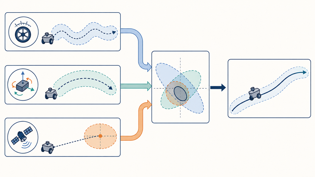 Diagram illustrating EKF fusion of wheel odometry, IMU and GNSS measurements to estimate a mobile robot’s trajectory and uncertainty.