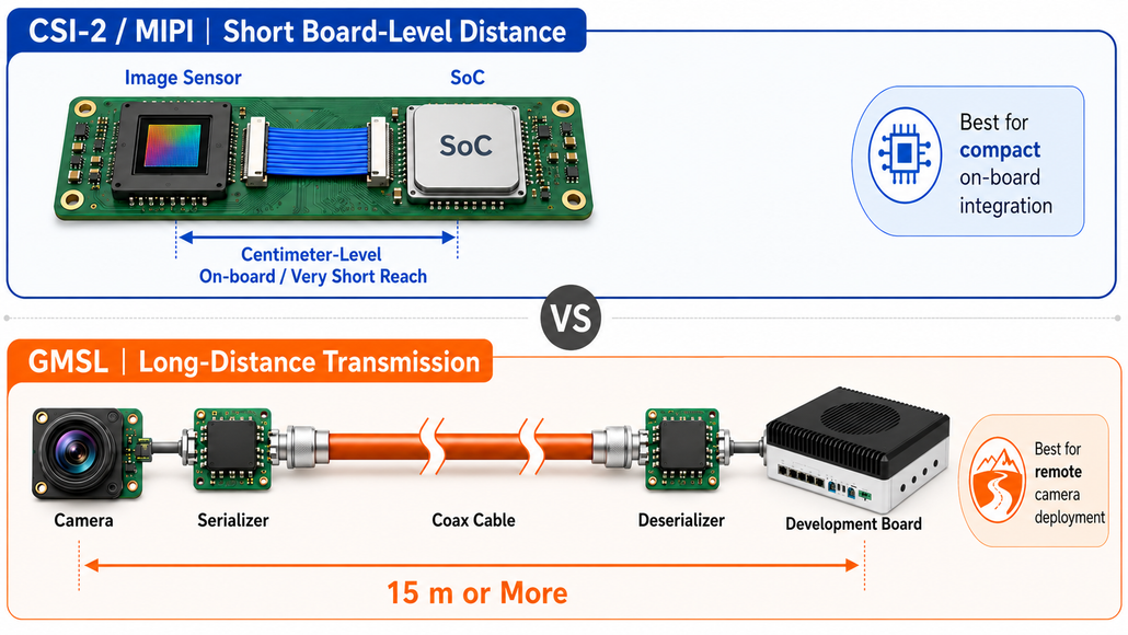 Diagram comparing short-range MIPI CSI-2 connections with a GMSL camera link using a serializer, coaxial cable, and deserializer for remote deployment.