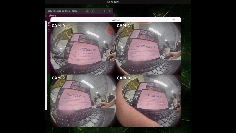 Four fisheye camera previews labeled CAM 0 through CAM 3, showing a laptop displaying a clock for comparing capture timing.