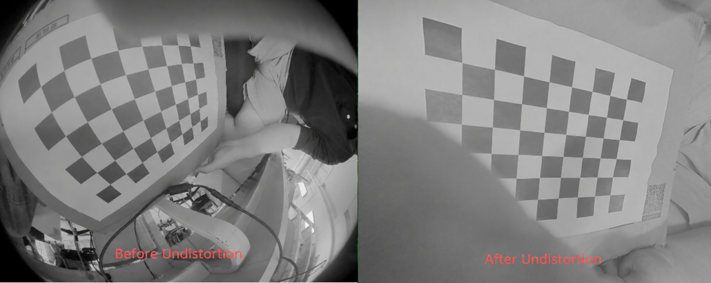 Checkerboard calibration target before and after fisheye undistortion, showing reduced curvature in the corrected image.