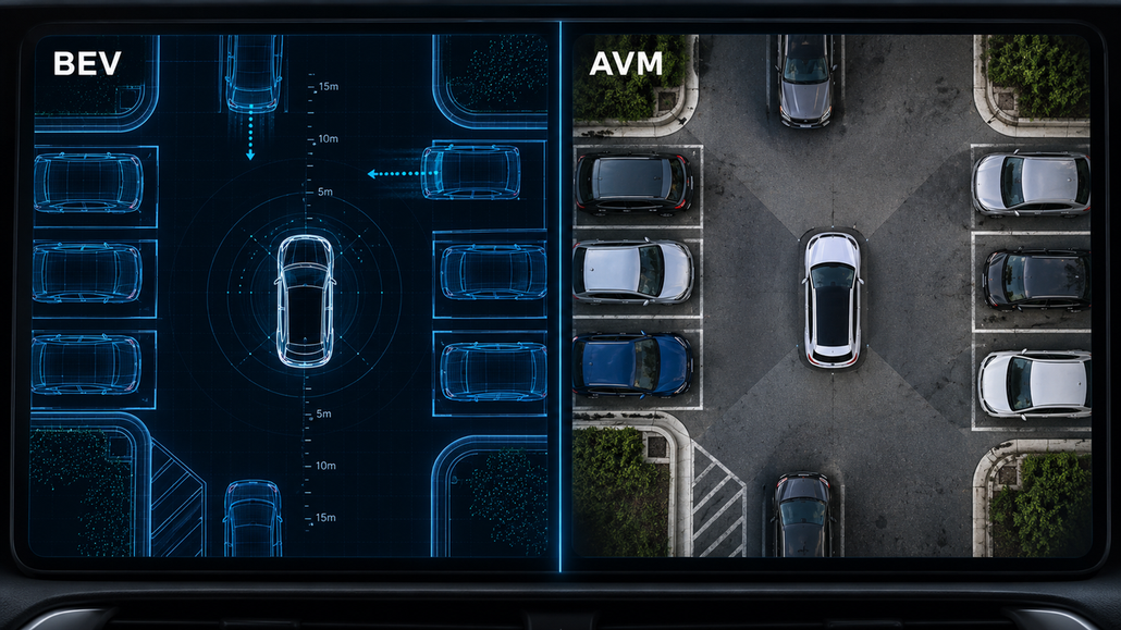 Side-by-side illustration of a BEV spatial representation with distance markers and an AVM stitched camera view of a car surrounded by parked vehicles.