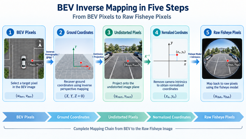 Five-step BEV inverse mapping diagram tracing a BEV pixel through ground coordinates, undistorted pixels, and normalized coordinates to a raw fisheye pixel.