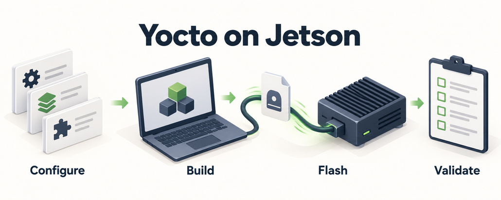 Yocto on Jetson workflow illustration showing configuration, image building, flashing and validation.
