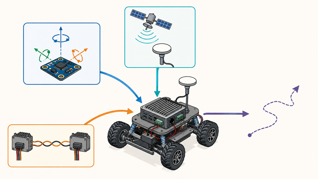 Diagram showing IMU, GNSS and wheel feedback connected to a mobile robot computer.