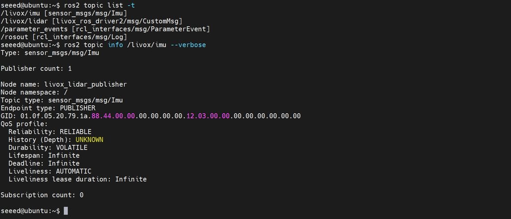 ROS 2 terminal showing Livox IMU topic details, publisher information and QoS settings.