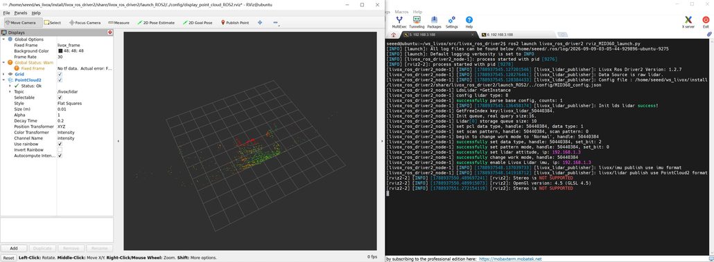 Livox MID-360 point cloud displayed in RViz beside the ROS 2 driver terminal.